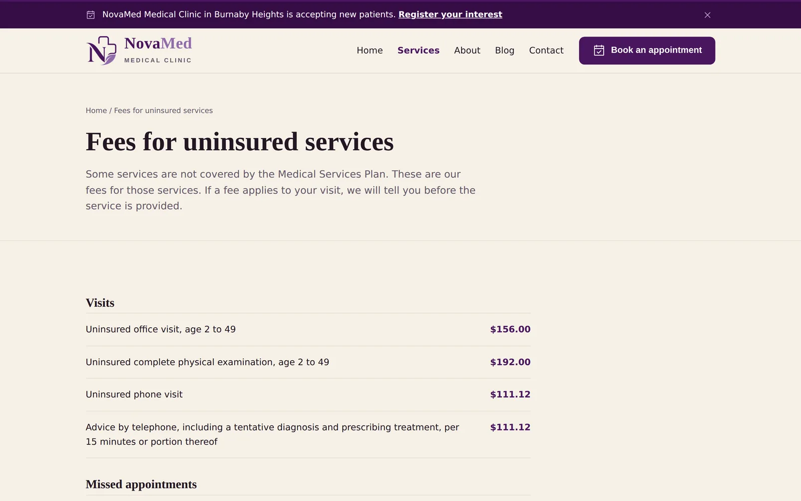 NovaMed Medical Clinic: Fees