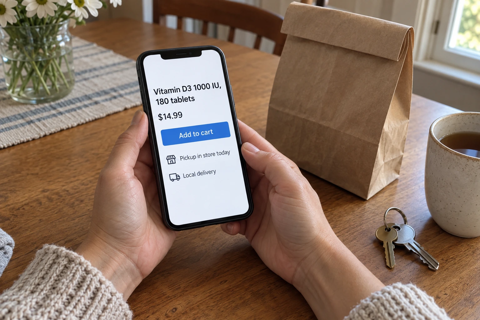 A woman holds a phone showing a pharmacy online shop beside a folded paper bag, tea and keys.