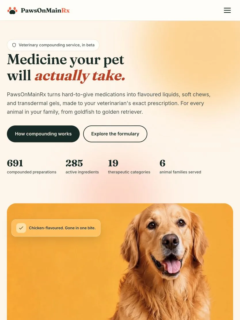 PawsOnMainRx home page on a tablet