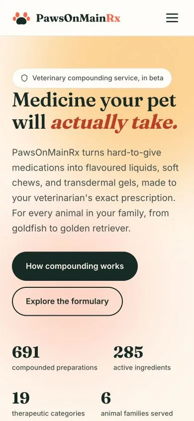 PawsOnMainRx home page on a phone