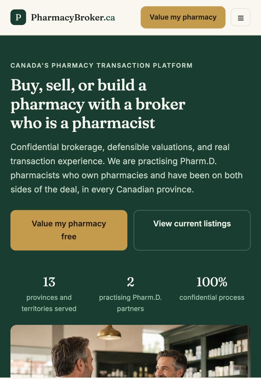 PharmacyBroker.ca home page on a phone